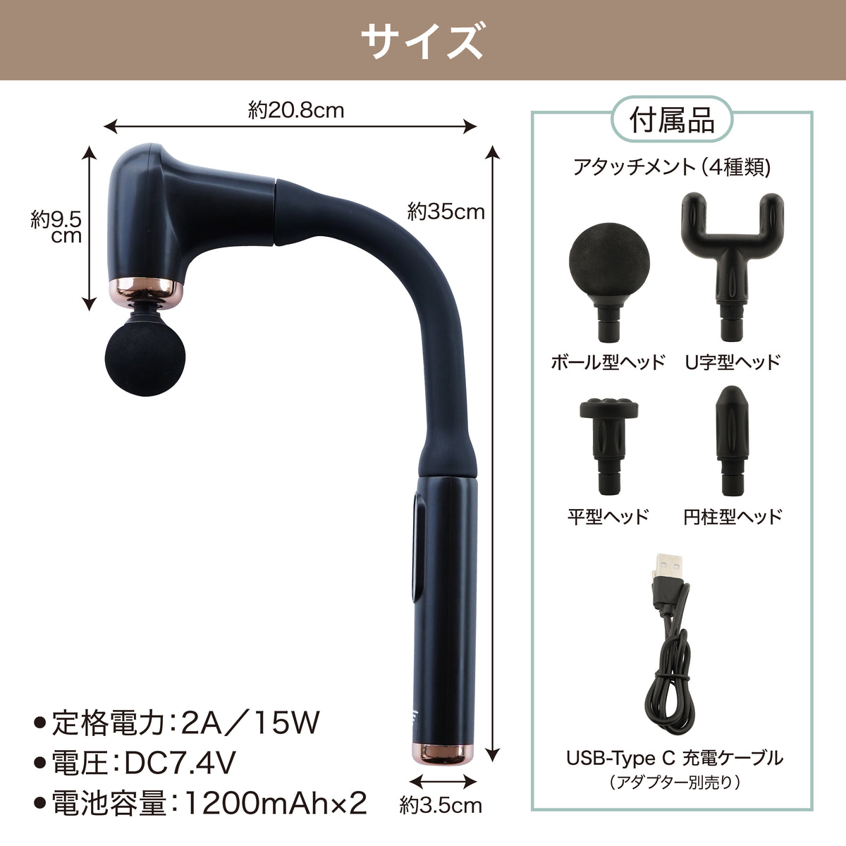 Lakurasu 筋膜リリースガン ロングハンドル 一人で届く 電動ガン 3モード 6段階 4種アタッチメント Type-C充電