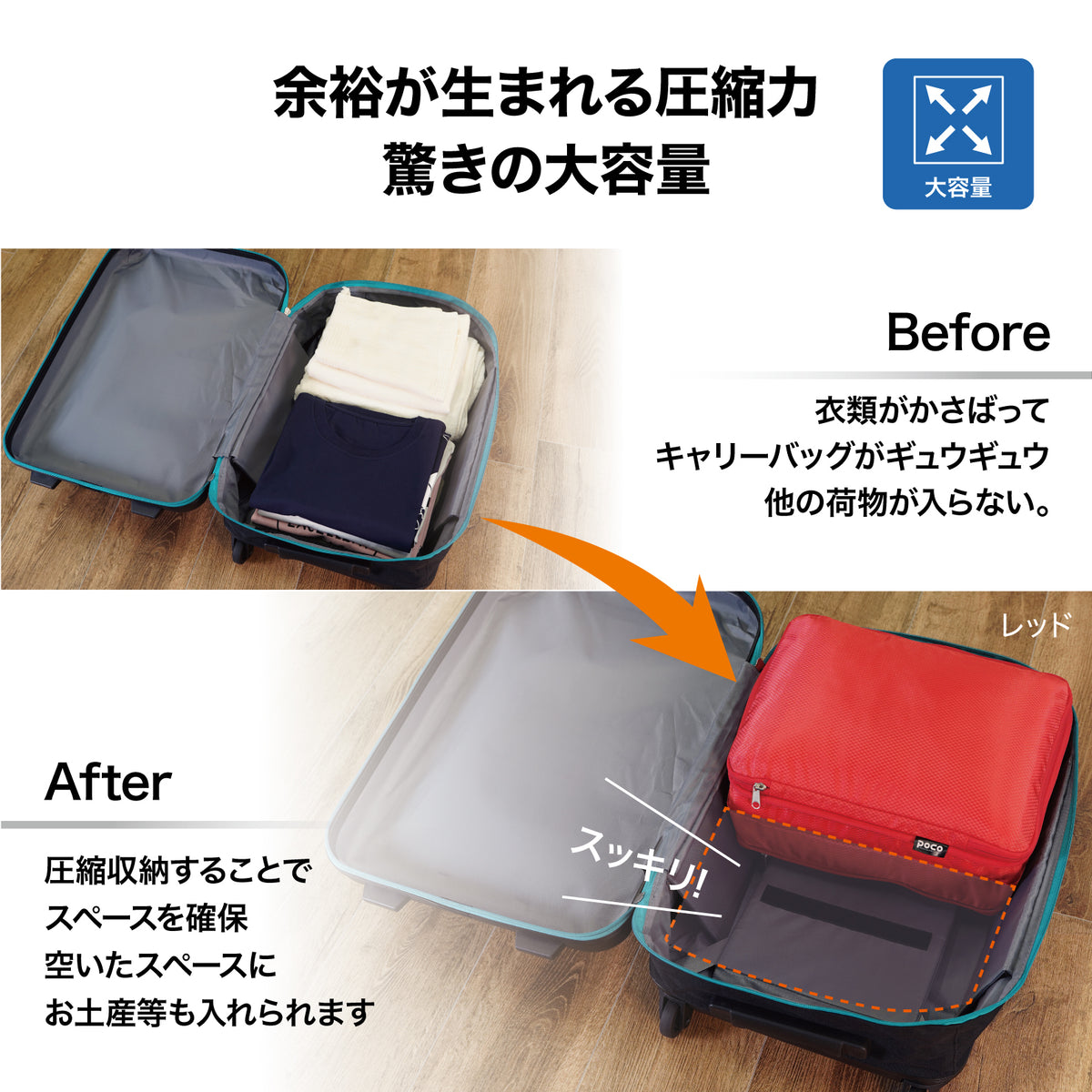 Lakurasu 圧縮トラベルポーチ ポコ 服 衣類 旅行用 圧縮袋 パッキングポーチ