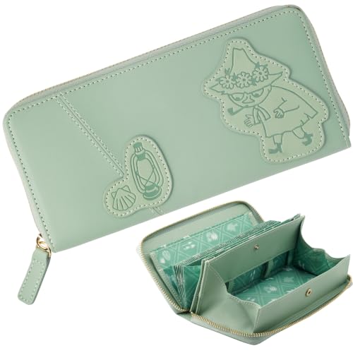 財布 レディース 小銭とレシート 一度に仕分け ガバっと開く じゃばら 大容量 牛革 長財布 MOOMIN グリーン メイン画像