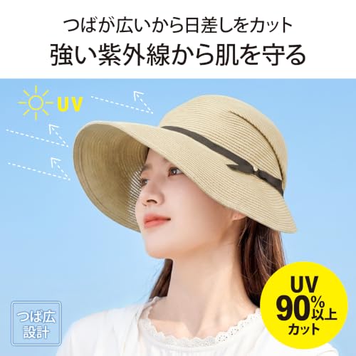 Lakurasu UVカット 遮蔽率90%以上 日焼け防止 クロッシェ帽 レディース ハットストラップ付き アイボリー PT01
