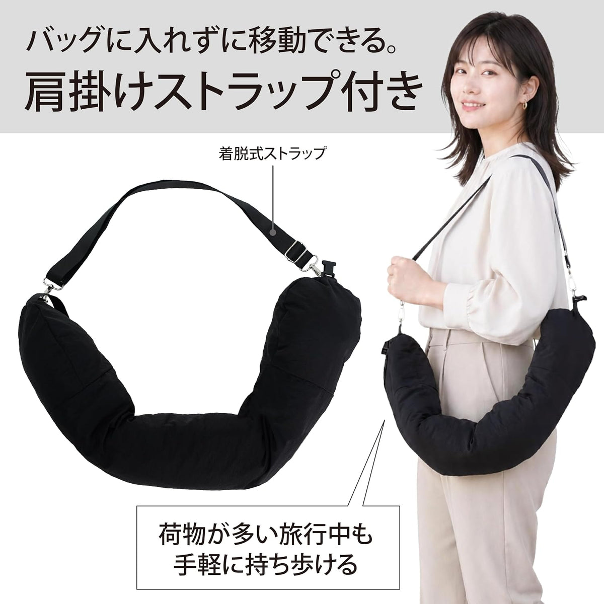 Lakurasu ネックピロー エアー不要 飛行機 車用 首枕 コンパクト 約17.5×78.5cm ブラック  PT03