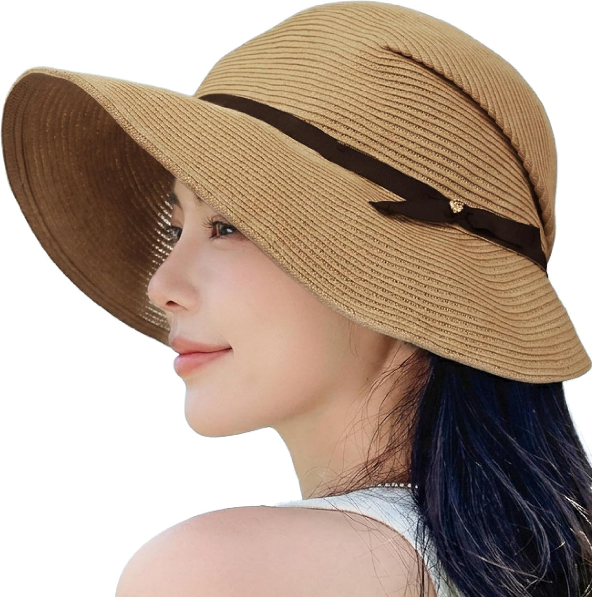 Lakurasu UVカット 遮蔽率90%以上 日焼け防止 クロッシェ帽 レディース ハットストラップ付き ダークベージュ MAIN
