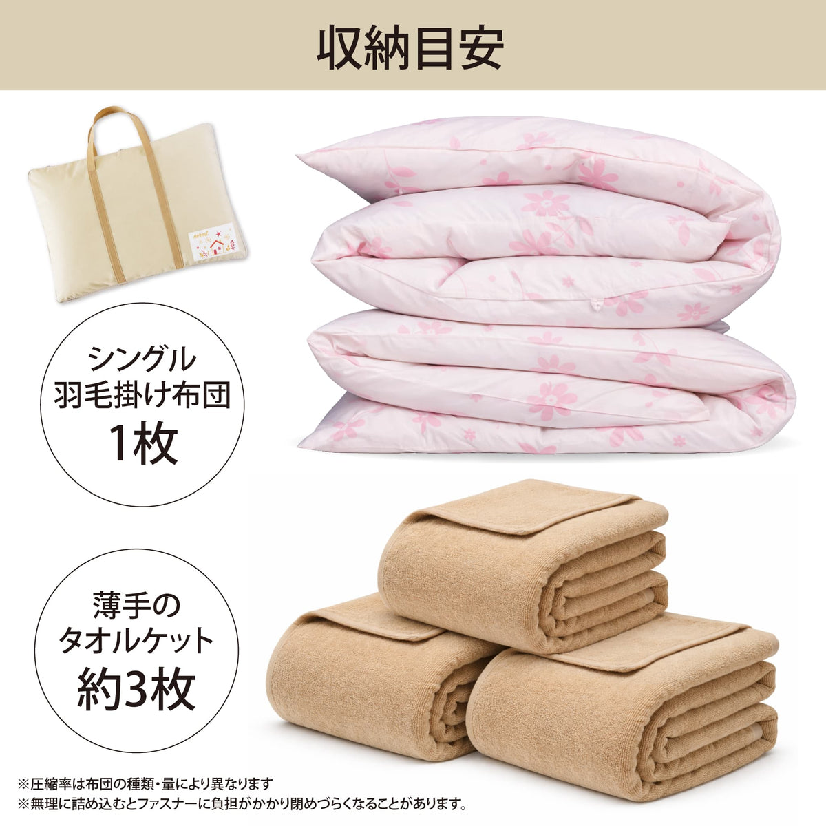 Lakurasu 布団圧縮 収納 掃除機不要 押すだけ ファスナータイプ 持ち手付き 羽毛布団 衣類 毛布